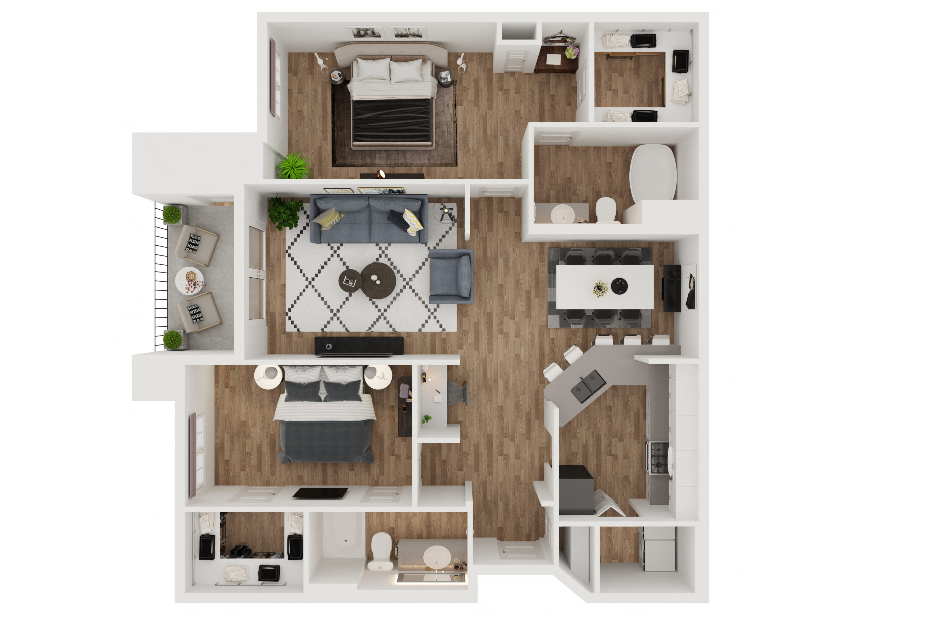 Floor plan for 2 beds, 2 baths, 1142 sqft